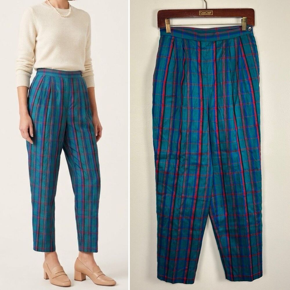 VTG David Brooks Raw Silk Plaid Pants Womens Teal Blue Red Pleated Tapered 26"